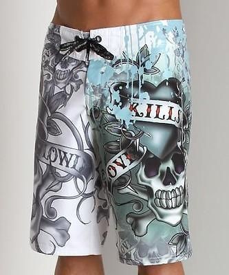 NWT Ed Hardy Love Kills Slowly Paint Boardshorts White size 34