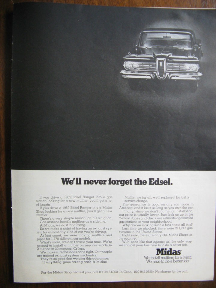 1970 Midas Muffler Ad 1959 EDSEL Original Print Ad  8 x 10 