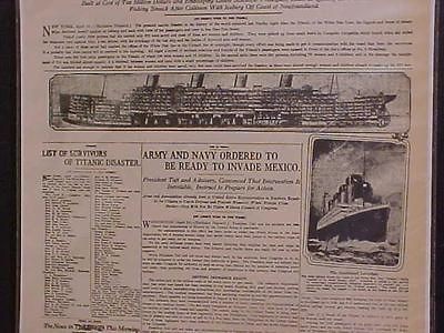 VINTAGE NEWSPAPER HEADLINE ~TITANIC SEA LINER STEAM SHIP WRECK SINKS 