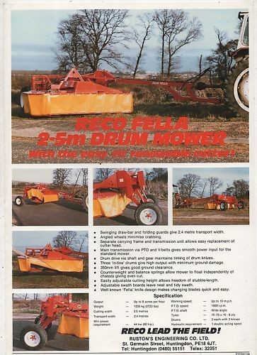 1986 RECO FELLA DRUM MOWER SALES SHEET