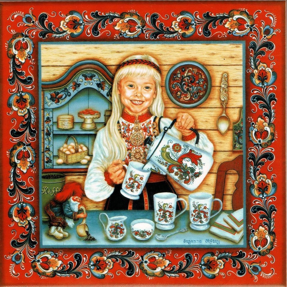 Norwegian Rosemaling Trivet Tile Egg Coffee Girl by Suzanne Toftey 