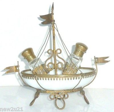   FRENCH PALAIS ROYAL ORMOLU OPALINE EGG GLASS PERFUME BOTTLE SAIL BOAT