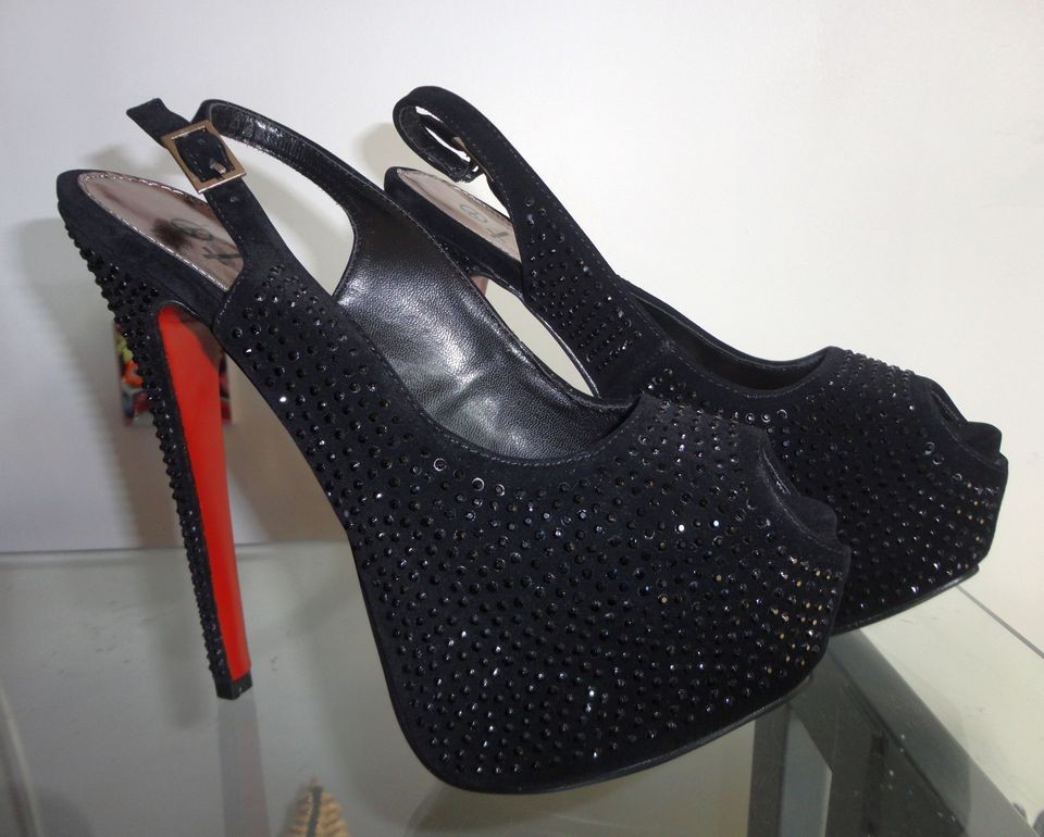   JEWELED DIAMANTE BLACK SPARKLY PEEP TOE PLATFORM SLINGBACK SHOES