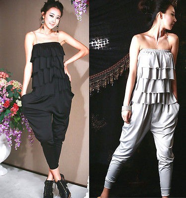 Tiered Flouncing Strapless Jumpsuit Harem Pants Blk DN3