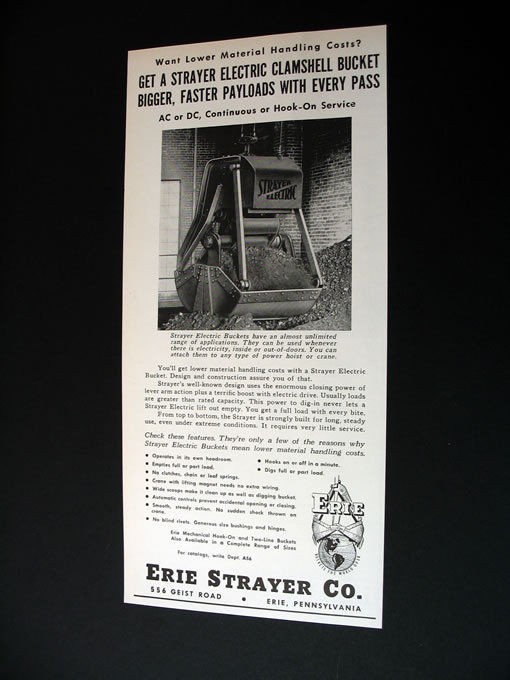 Erie Strayer Electric Clamshell Bucket 1956 print Ad