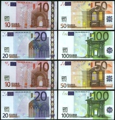 Fake Non Real Money Euro Bills 10,20,50,100 € EUR, 8 Paper Play 