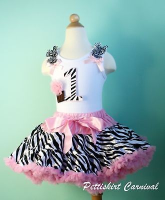 1ST BIRTHDAY CUPCAKE LIGHT PINK ZEBRA PETTISKIRT TANK TOP 2PC PARTY 