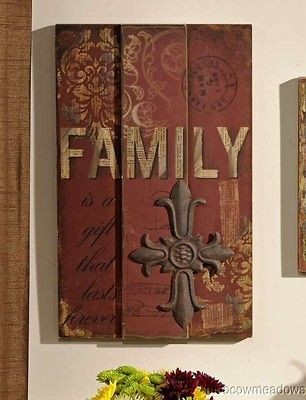   Burgundy Family Wall Plaque w/ Fleur de Lis Cross Inspirational Decor