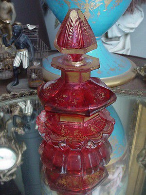   ART GLASS CRANBERRY GOLD GILT PERFUME BOTTLE/COLOGNE DECANTER NR