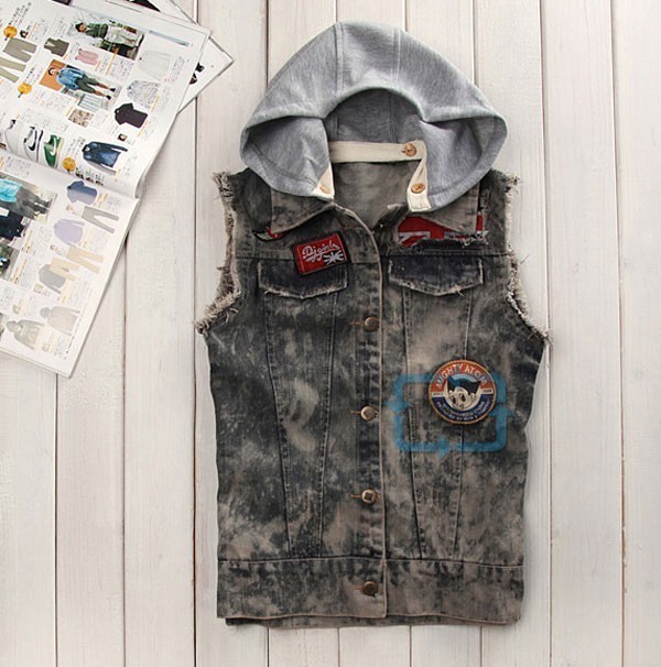 Mens Cowboy Denim Botton Hoody Hoodie Vests Blue Gray S M