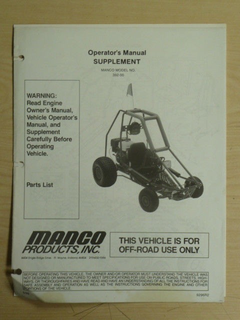 MANCO MODEL 393 00 GO KART PARTS LIST OPERATORS MANUAL CART