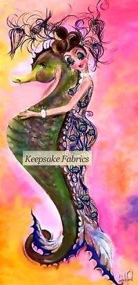 Peacock Mermaid Hugs Seahorse 5x10 Fabric Quilt Block