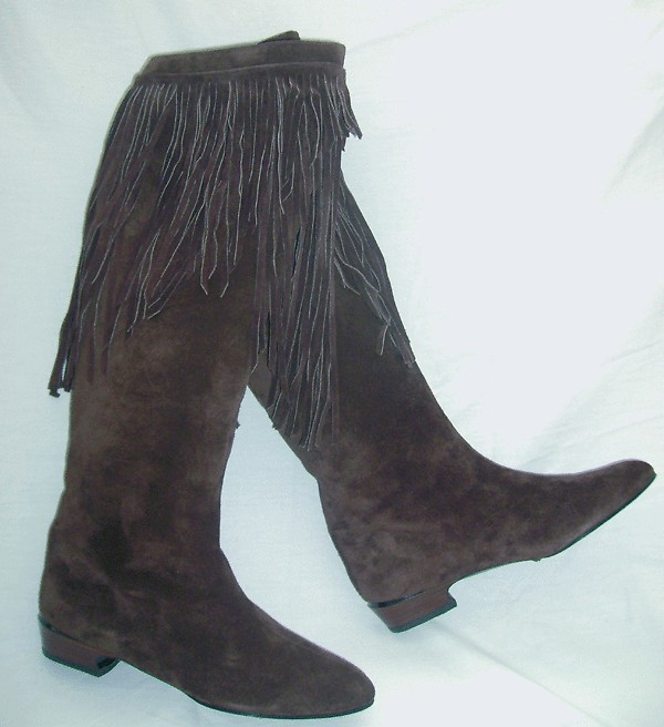 CHARLES JOURDAN PARIS KNEE HI SUEDE FRINGE BOOTS MADE IN FRANCE DARK 