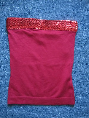   Ruby Red Sequin Merino Wool Silk Knit Club Strapless Tube Top, Sz XS