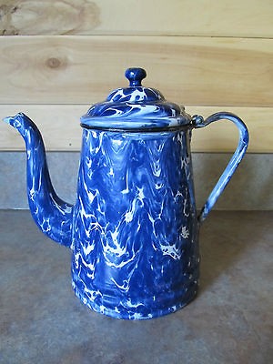 Vintage Graniteware Enamel Ware Cobalt Blue Swirl Gooseneck Coffee Pot 