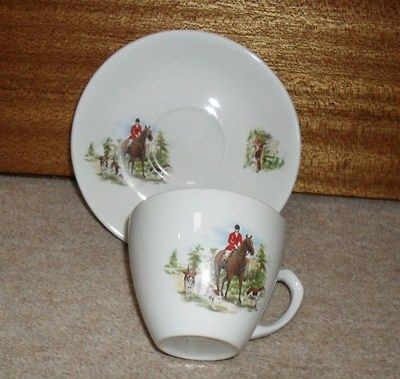   MYOTT MEAKIN CUP/SAUCER HUNTING SCENE/HOUNDS/HORSES RIDER RED COAT VGC
