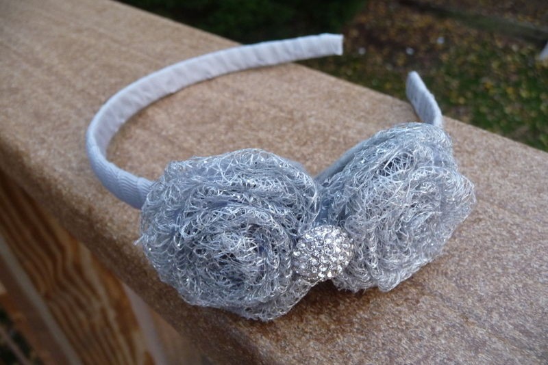   rolled flower hairbow headband shabby chic Silver Grey Bling teen girl