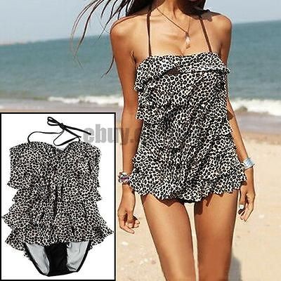 Sexy Halter Elastic Stretch Leopard Print Tankini Swimwear Swimsuit 