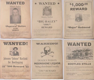   Moonshine Wanted Posters Popcorn Sutton, Big Haley, Hatfield, more