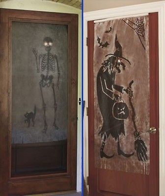 Set of 2 Lighted Halloween Banners Witch & Skeleton Decoration FRONT 