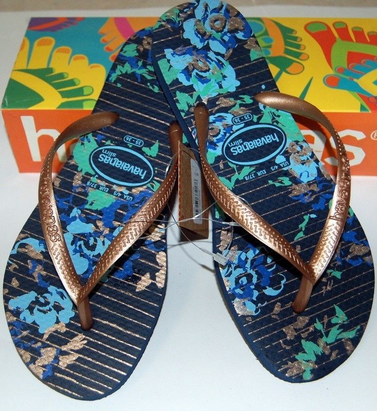 HAVAIANAS NEW SLIM LADIES THONGS FLIP Marinho Navy Blue Floral Gold 