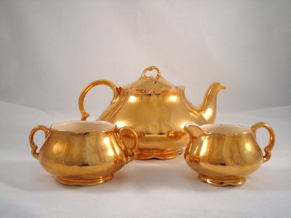 Crown Works Burslem England Gold Plated Teapot Creamer Pitcher Jug 