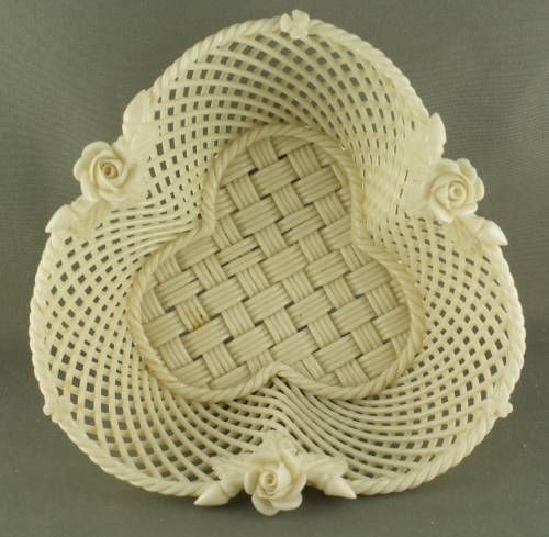 Belleek Shamrock Rose Floral Basket Weave Strand Basket Heart Shape