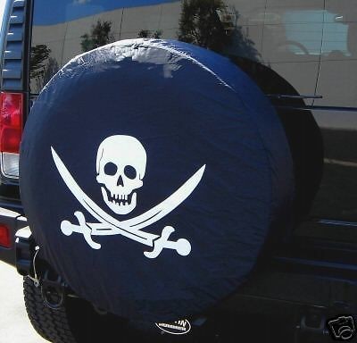   TIRE COVER 29 32 w/ Pirate Skull white on passport black d000258p