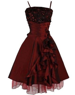 Paisleys Flower Pleated Waist Flounce Hem Strap Cocktail Dress M Red