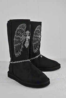 Montana West Black Winter Suede Boots Shoes with Jeweled Design Size 6 