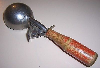 Antique Vintage Croford Stainless Ice Cream Scoop Dipper Orange Wooden 