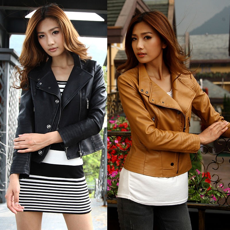 Womens Punk Zip Lapel Blazer Coat PU Leather Short Motorcycle Moto 