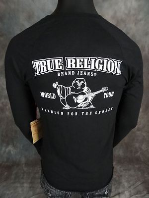 NWT Mens TRUE RELIGION Jersey Henley Shirt in BLACK with HORSESHOE 