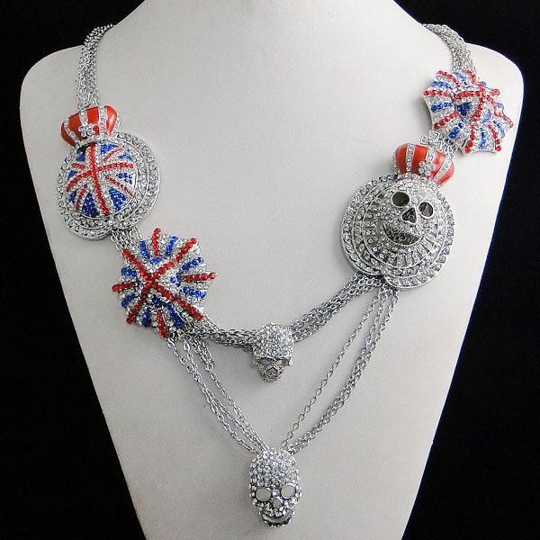   Imperial Crown Skull Union Jack Necklace Pendant Rhinestone Crystal