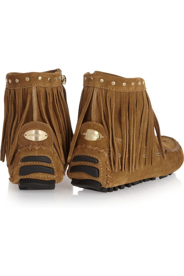 2012 JIMMY CHOO ZAMPA SUEDE MOCCASIN FLAT FRINGED GOLD LOGO BOOTS EU 