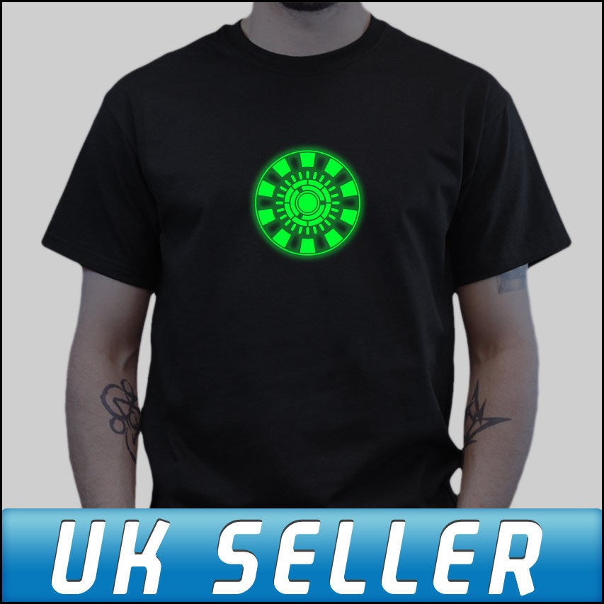 Iron Man Arc Reactor REAL Glow in The Dark Black T shirt All Sizes