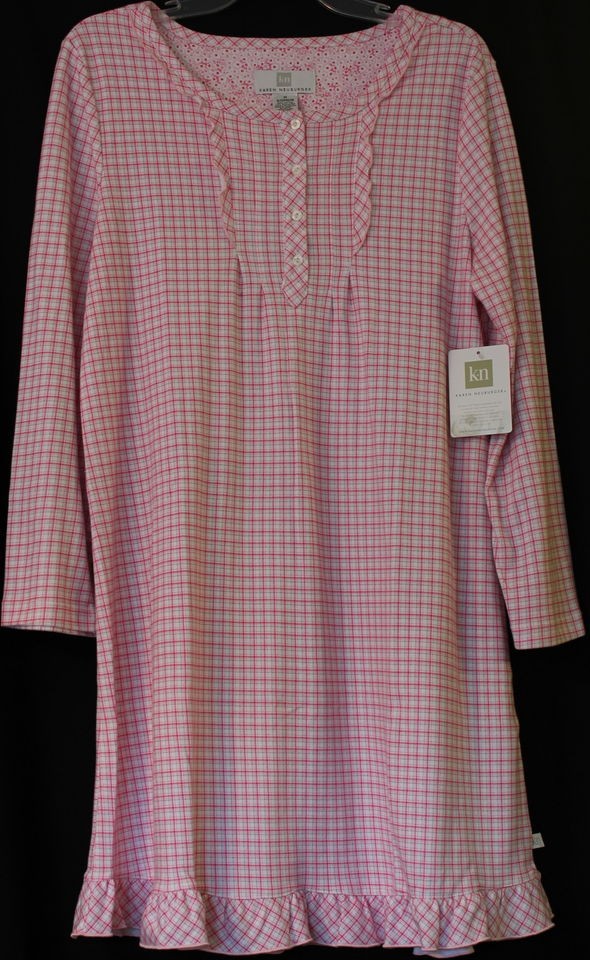 Karen Neuburger Night Gown Shirt Pink Gray Plaid Victorian Ruffles 