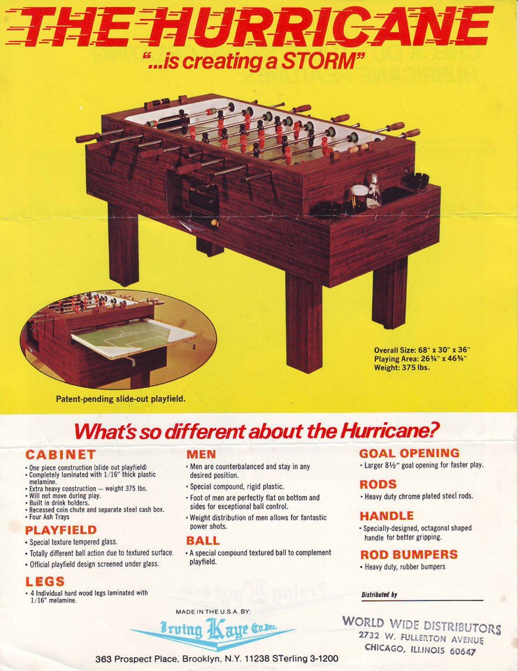 IRVING KAYE THE HURRICANE ORIGINAL FOOSBALL TABLE SALES FLYER BROCHURE