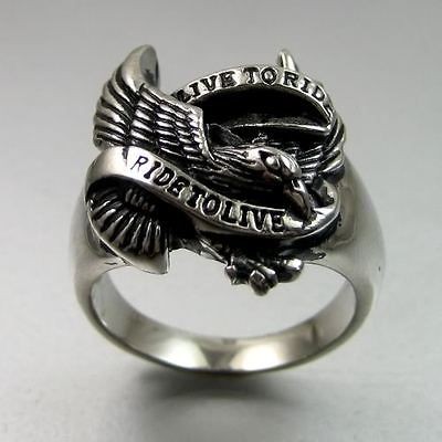 Vintage Biker Mens Stainless Steel Eagle Hawk RIDE TO LIVE Ring Size 