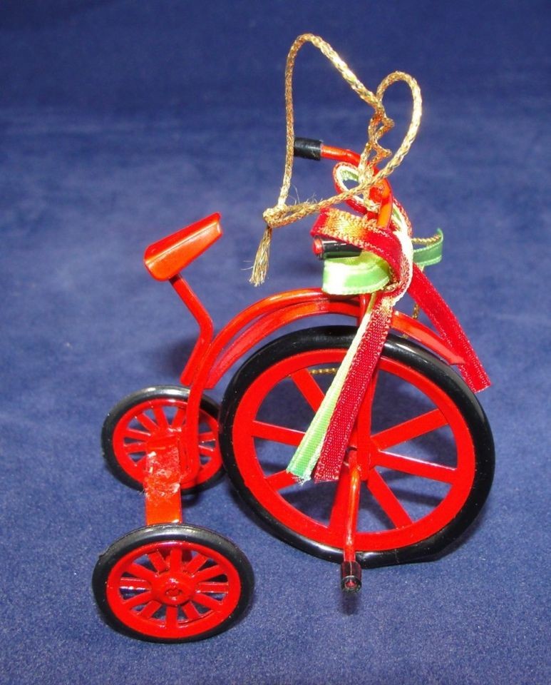 Vtg 2.75 Red Enamel Metal High Wheel Bicycle Trike Xmas Ornament 