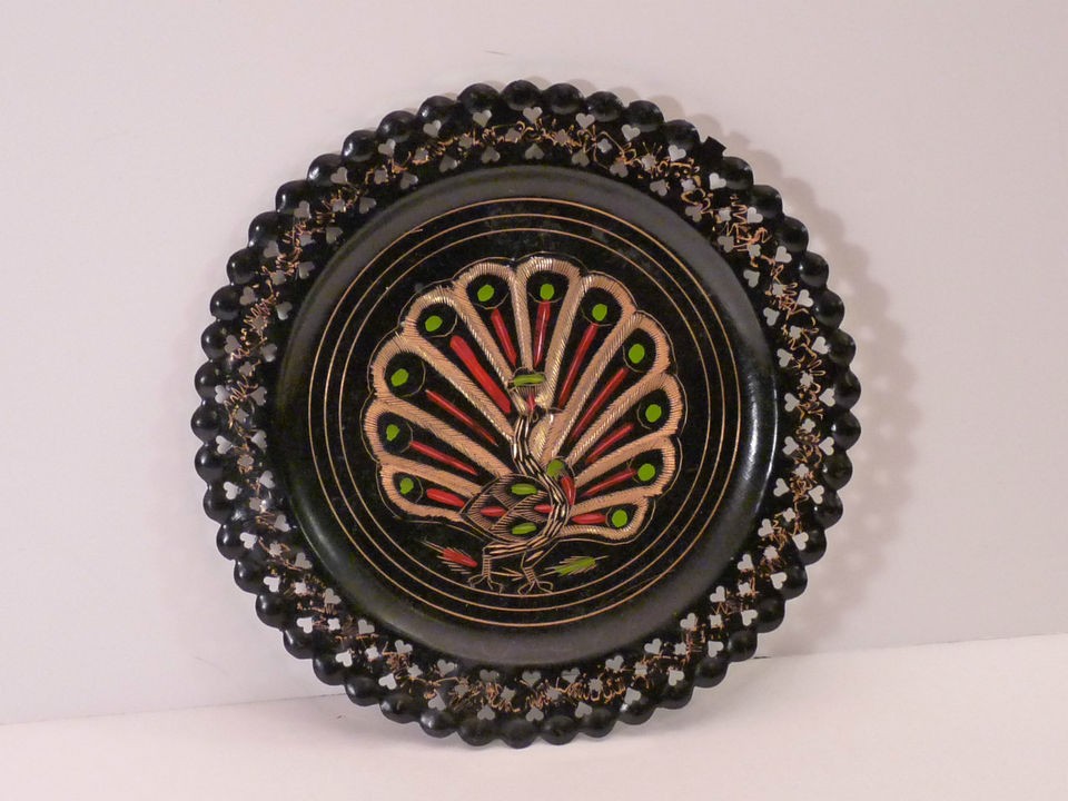 Vintage Metal Hand Painted Peacock Trinket Tray or Wall Hanging