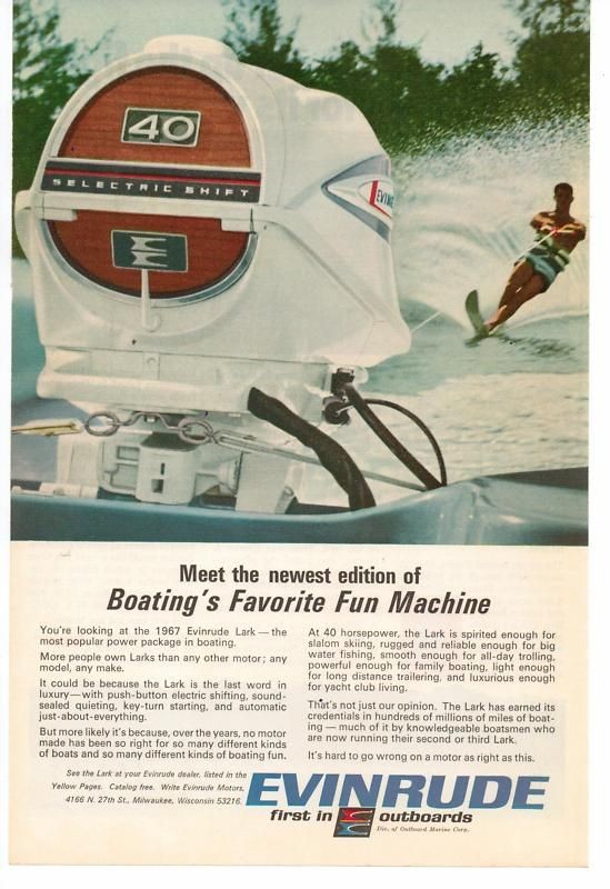 1967 Evinrude Lark 40 HP Outboard Motor Boat Magazine Advertisement 