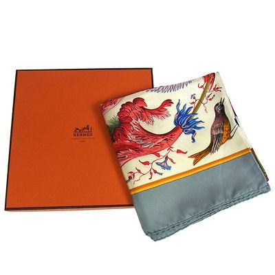 Auth HERMES Vintage Silk 100% Logos Big Scarf Gray Handkerchief With 