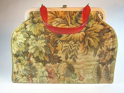 True Vtg 50s Vinyl covered TAPESTRY Floral Framed Handbag Purse 