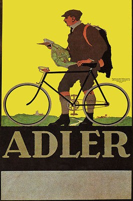 ADLER BICYCLE MAN BIKE READING MAP TRAVEL TOURISM VINTAGE POSTER REPRO 