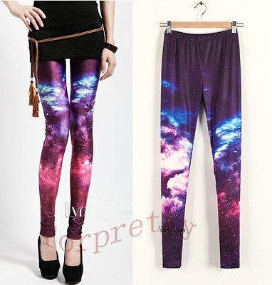   Womens Printed Galaxy Purple Polar Light Stretchy Legwear Leggings KA