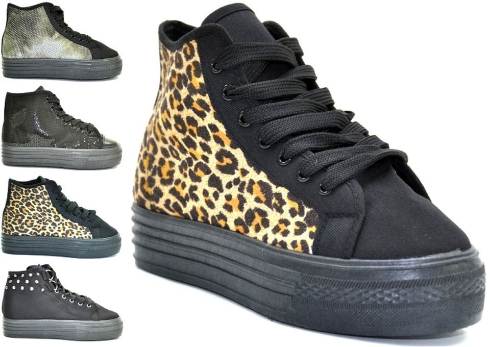 NEW SEASONAL WOMENS LEOPARD SEQUENCE LACE UP PLATFORM GIRLS PUMPS 