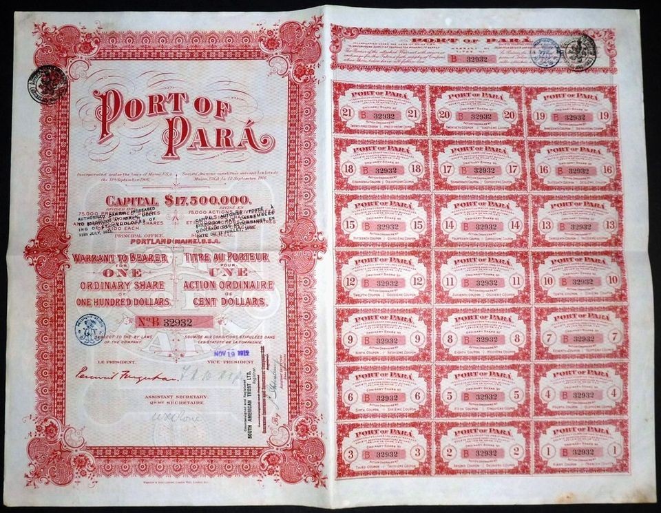 1912 brazil port of para share warrant to bearer from