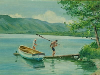 JAPANESE LAKE BOAT COUPLE OIL PAINTING signd YOSHIDA     NO 