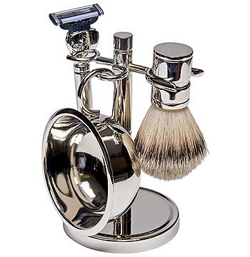   SILVER 4 PIECE SHAVING SET, RAZOR  BOWL W/SOAP  NAT BRISTLE BRUSH